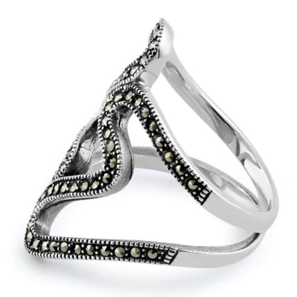 925 STERLING SILVER Modern Curvy Marcasite Statement Ring - Picture 15 of 16